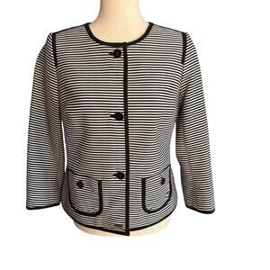 Talbots Petites 4P Womens Pinstripes Black & White Blazer Jacket 3/4 Sleeve